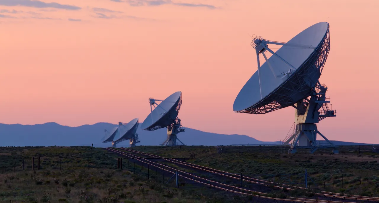 VLA telescope array at sunset